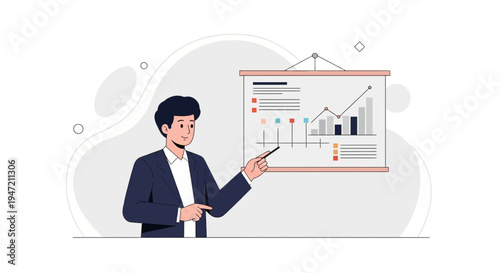 Businessman presenting financial growth chart on whiteboard, business strategy and analysis concept