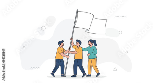 Teamwork and Success: People Raising a Blank Flag Together