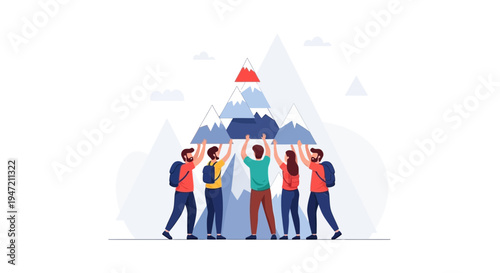 Teamwork success: Diverse people lifting mountain peak, teamwork and achievement concept