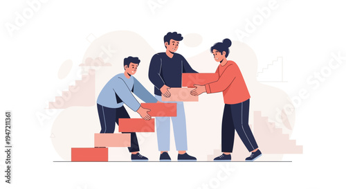 Teamwork building success, people stacking blocks to create stairs, collaboration concept