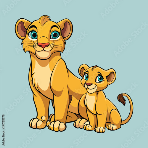 Stylized cartoon lioness with cub sharing a tender moment – Mother and baby animal illustration