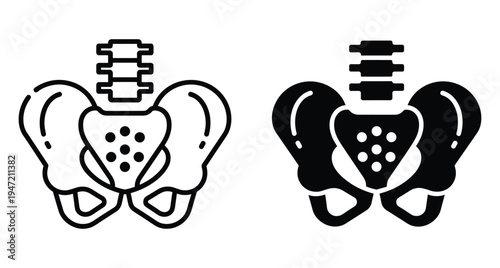 Human pelvis and lower spine icons in line and solid styles for medical anatomical healthcare orthopedic and skeletal system design projects