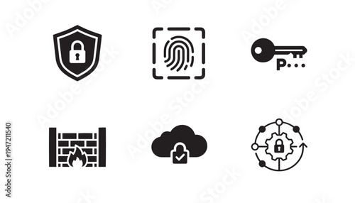 Security icons in black outline: shield with lock, fingerprint scan, key, firewall, cloud lock, and network security, data security, white background