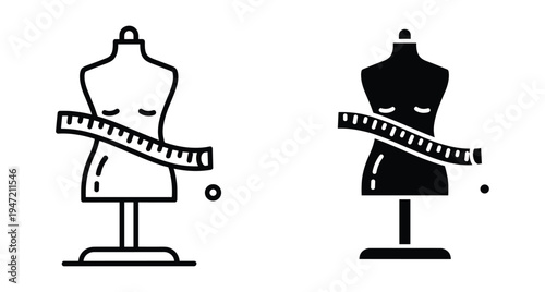 Mannequin dress form icon set with measuring tape for tailoring sewing fashion design dressmaking garment construction clothing industry apparel workshop