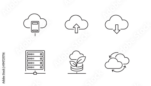 Cloud computing icons: server, cloud upload, cloud download, server rack, green cloud, and cloud sync, white background