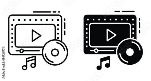 Multimedia video player interface icons featuring play button compact disc and musical notes in line and glyph styles for digital media