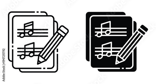 Music sheet icon with pencil for composing song lyrics and melody notes in outline and solid black vector style