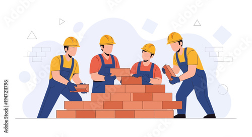 Construction workers building a brick wall, teamwork and labor concept