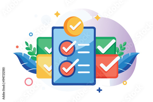 Stack of colorful checklist documents with completed tasks and success icons for efficient management