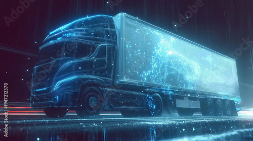 Futuristic digital truck with glowing data network on dark background