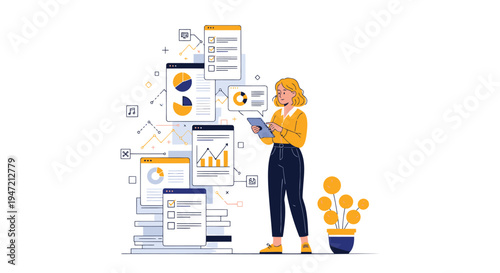 Vector illustration of woman analyzing data and graphs