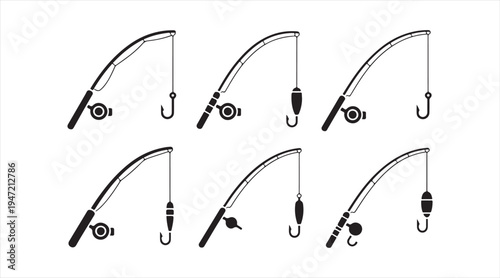 Minimal fishing rod icon pack black silhouette angling pole and hook symbols for outdoor recreation graphics