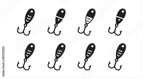 Minimal fishing lure icon pack black silhouette bait tackle symbols for angling and sport fishing graphics