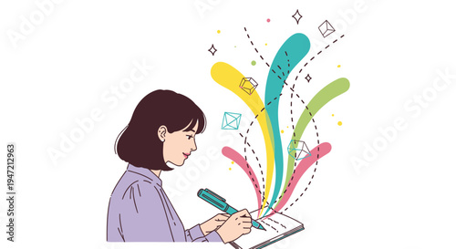 Vector illustration of woman writing with colorful creative inspiration