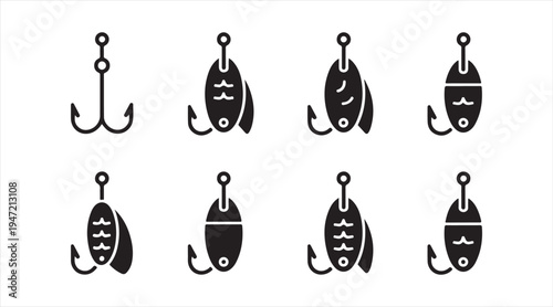 Fishing lure silhouette icon set artificial bait hook tackle symbols isolated on white background