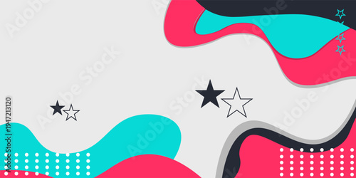 Bright colorful memphis style wallpaper. Groups of circles in white, wavy and spiral stripes against a background of overlapping abstract shapes with wavy edges. Vector.