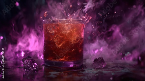 Red Cocktail with Ice and Vibrant Purple Smoke Splash