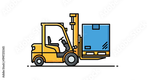 Yellow forklift truck lifting blue cargo box on pallet, warehouse logistics icon