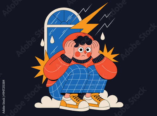 Scared Person Covering Ears During Thunderstorm Illustration