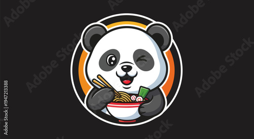 Cartoon panda eating ramen illustration
