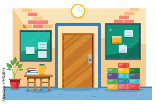 Bright colorful school hallway with a closed classroom door and educational bulletin boards