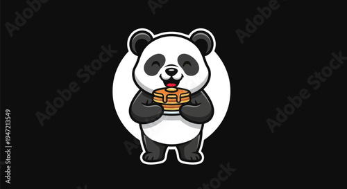 Cartoon panda holding stack of pancakes