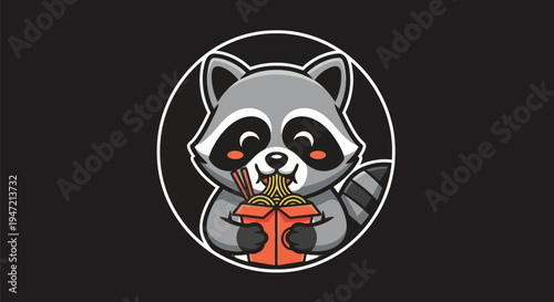 Cartoon raccoon eating noodles black background