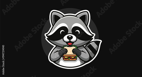 Cartoon raccoon eating sandwich on black