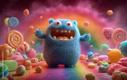 Cute Blue Furry Monster in a Colorful Candy Land with Rainbow