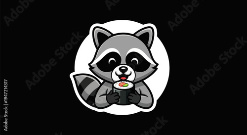 Cartoon raccoon holding sushi roll