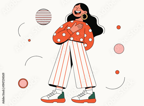 Joyful Woman Laughing with Hands on Chest Vector Illustration