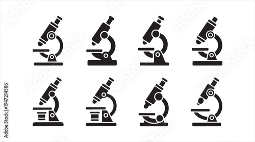 Minimal microscope icon pack black silhouette laboratory analysis instruments for science and research design