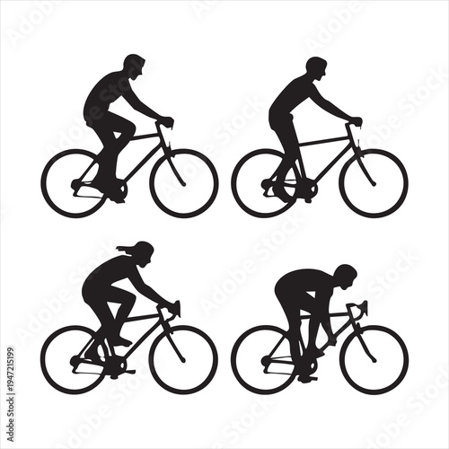 Cyclist silhouette set featuring male and female riders in various racing and commuting positions