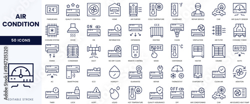 Set of 50 editable line icons related to air conditioning and HVAC systems.