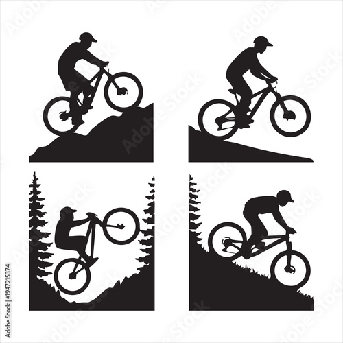 Mountain bike silhouette collection showing cyclists riding on rugged terrain through pine forests