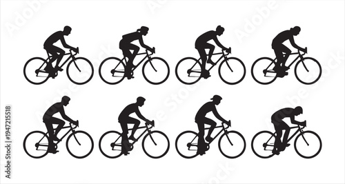 Set of eight cyclist silhouettes in various dynamic riding positions isolated on white background