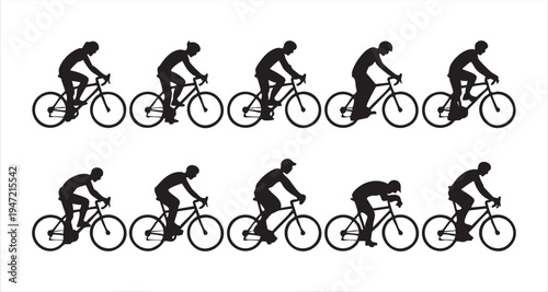 Sequence of professional cyclists in various riding postures showing movement and aerodynamic form