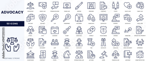 A diverse set of 50 icons representing advocacy concepts, including law, justice, and community support.