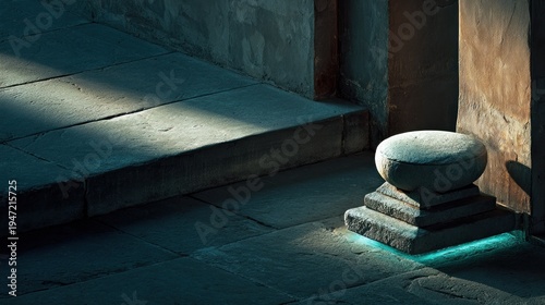 Stone architectural detail illuminated by dramatic shafts of light in a shadowed interior space