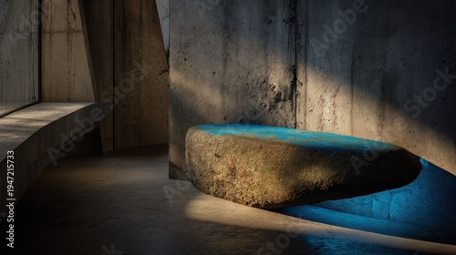 Rough natural stone with blue surface detail illuminated by dramatic side lighting inside a concrete structure