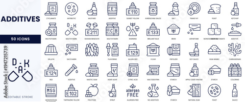 A collection of 50 line icons representing various food additives, showcasing their unique characteristics.