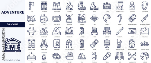 A collection of 50 adventure-themed icons, perfect for outdoor enthusiasts and explorers.