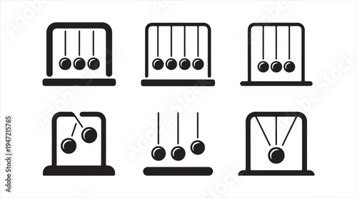 Newton’s cradle silhouette icon set physics pendulum balance balls symbols isolated on white background