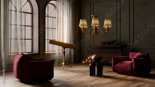 Luxury dark moody classic living room with dramatic lighting, warm tones and elegant furniture creating an atmospheric cinematic interior. 3D illustration