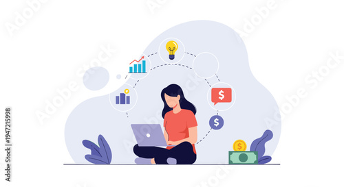 Freelance woman working on her laptop while sitting on the floor, surrounded by various business and financial growth icons.
