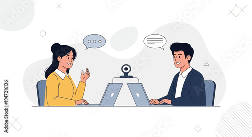 Video conference call between two professionals working remotely on laptops