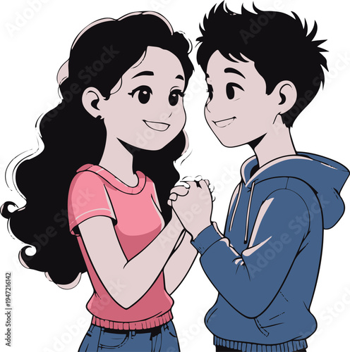cute teenage couple sharing shy romantic moment, cartoon style vector illustration, isolated on white background 2