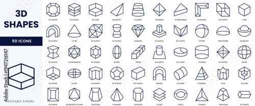 A collection of 3D geometric shapes icons in black outline for design and educational purposes.