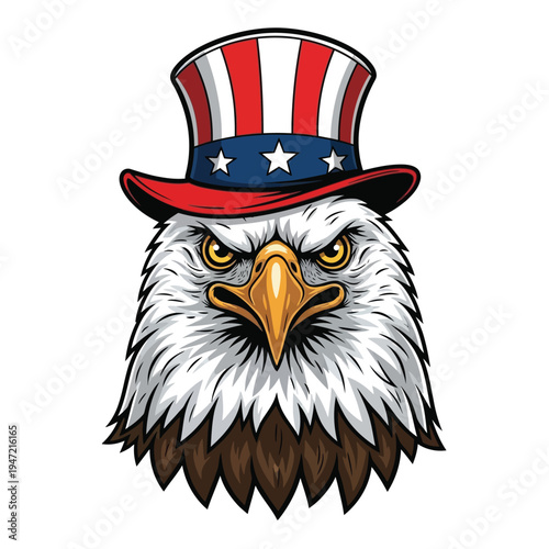 Eagle head in uncle sam hat with stars and stripes - intense patriotic expression with american flag