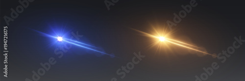 Blue and golden lens flare lights with glowing rays on dark background.